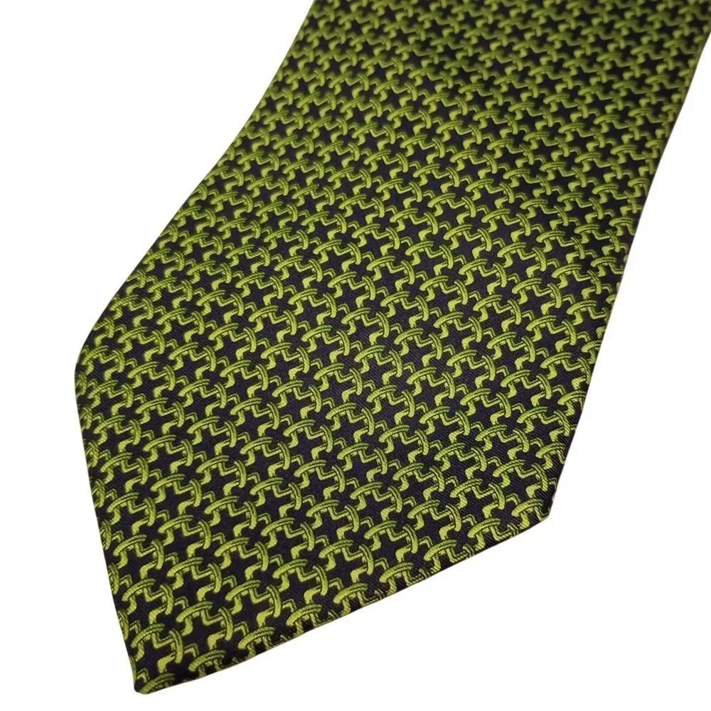 Brooks Brothers Basics Mens Silk Tie Lime Green Navy Blue Geometric Made‎ in USA